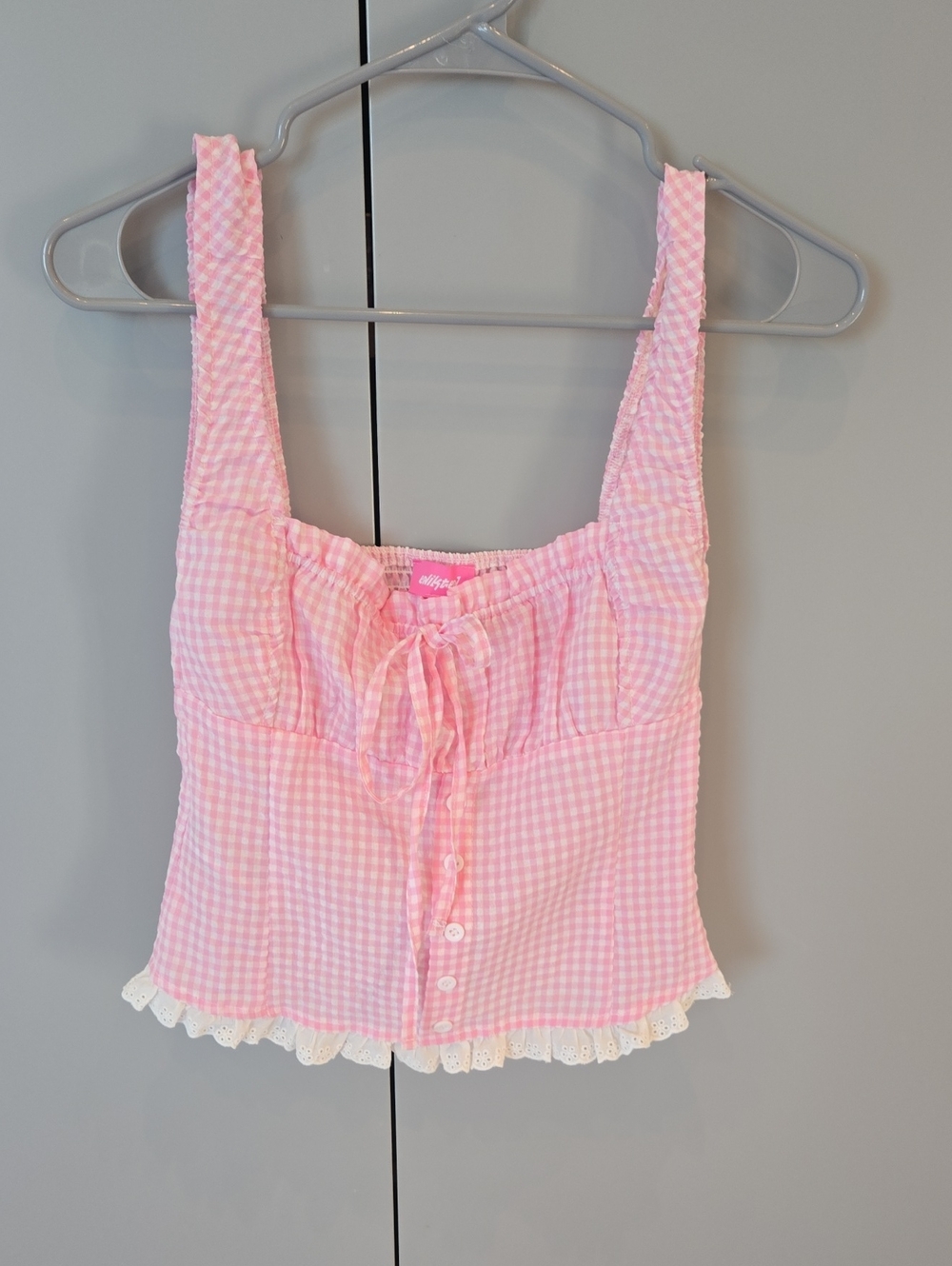 Edikted Pink Gingham Lace-Trim Tank Top